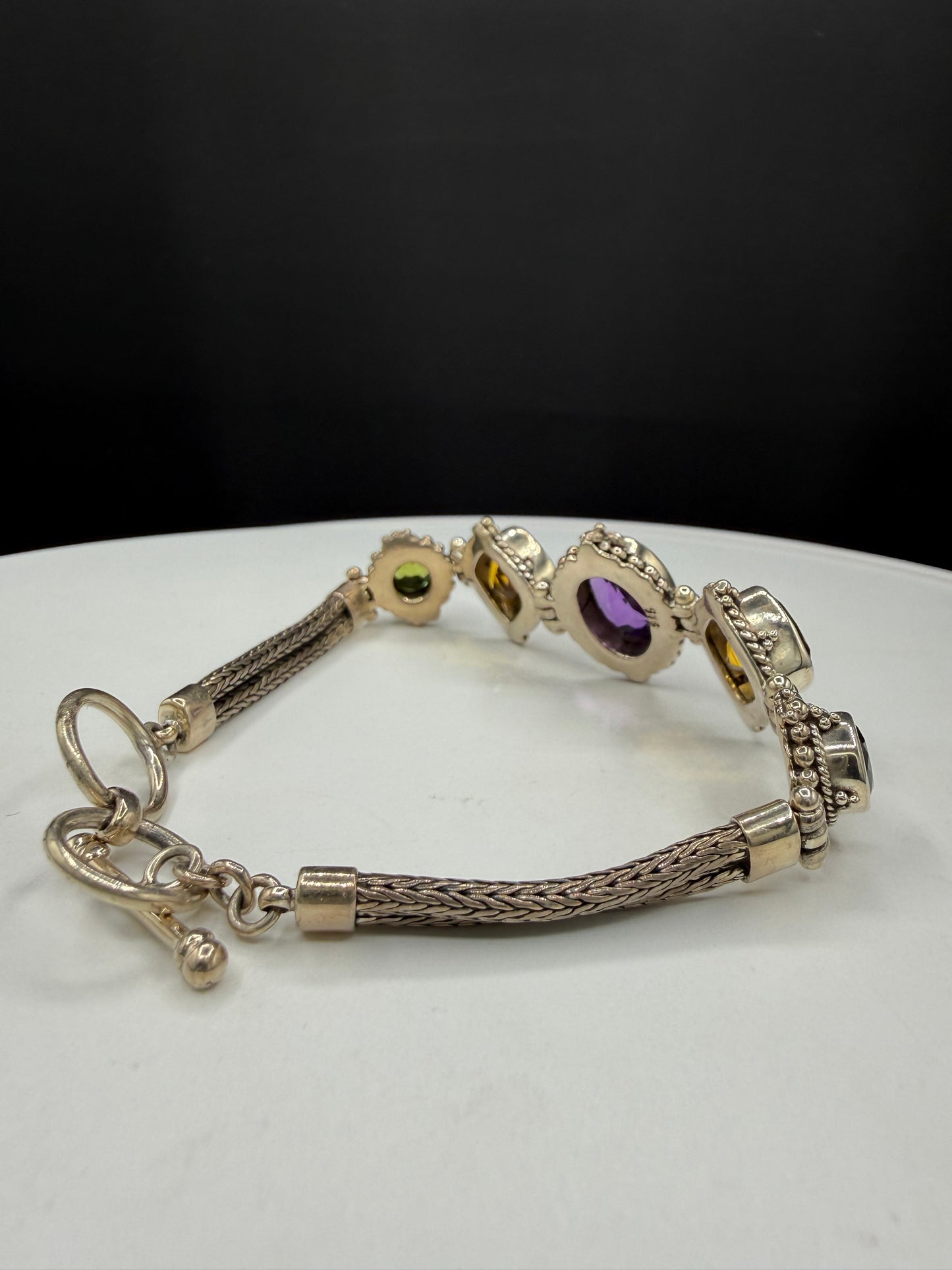 Vintage Natural Amethyst Citrine Peridot Bali Bracelet | Solid 925 Sterling Silver | Adjustable 7–8” | 28.37g