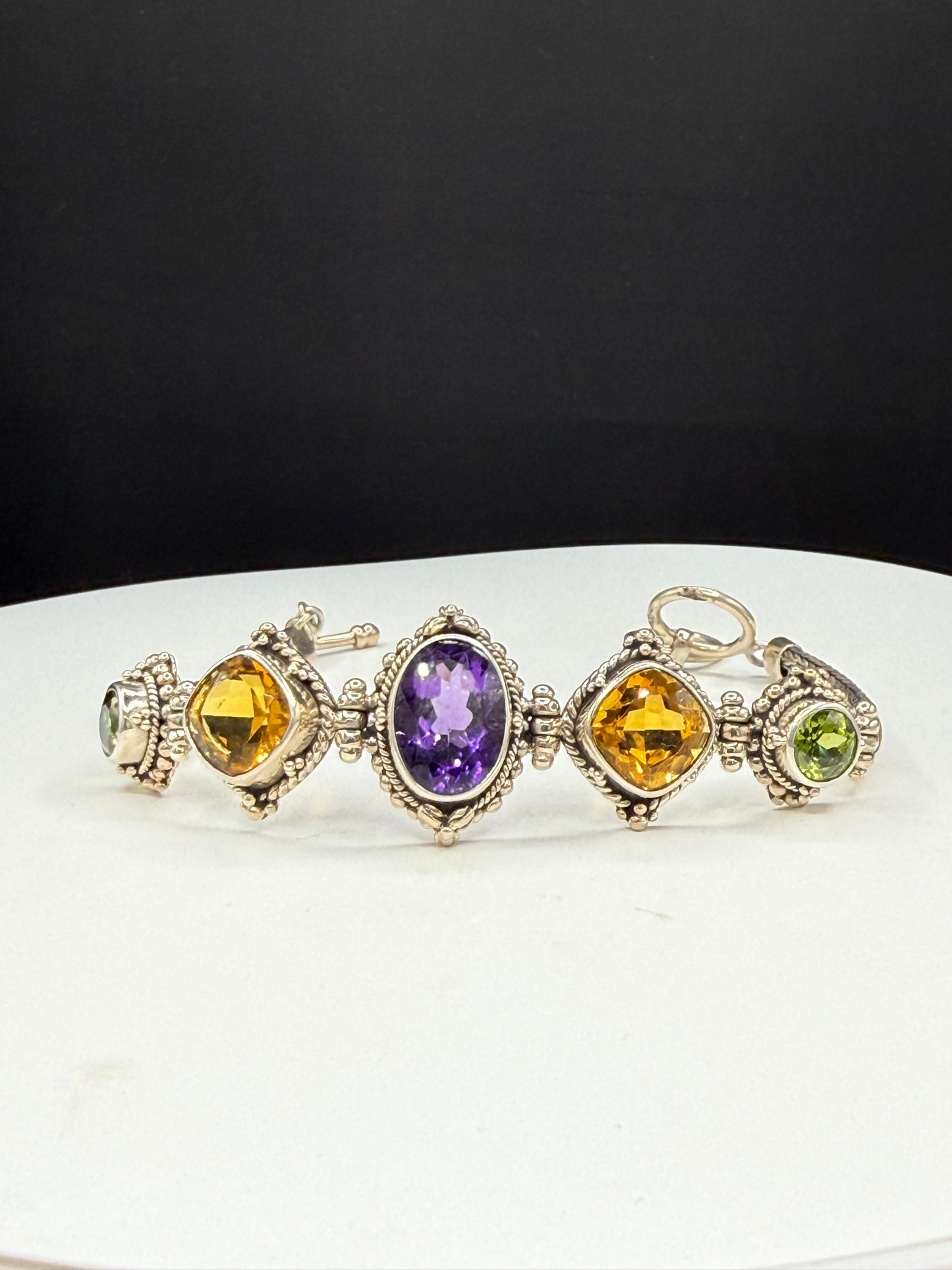 Vintage Natural Amethyst Citrine Peridot Bali Bracelet | Solid 925 Sterling Silver | Adjustable 7–8” | 28.37g