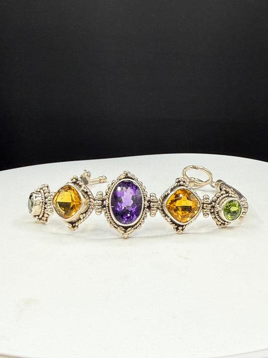 Vintage Natural Amethyst Citrine Peridot Bali Bracelet | Solid 925 Sterling Silver | Adjustable 7–8” | 28.37g