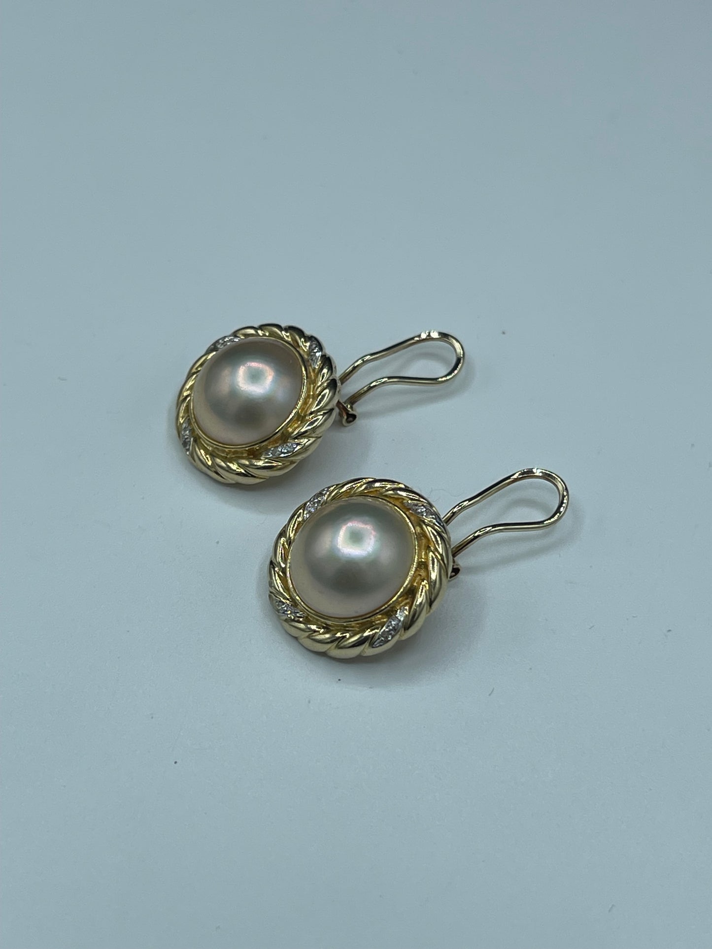 Natural Mabe Pearl & Diamond 14k Yellow Gold Omega Clip On Earrings