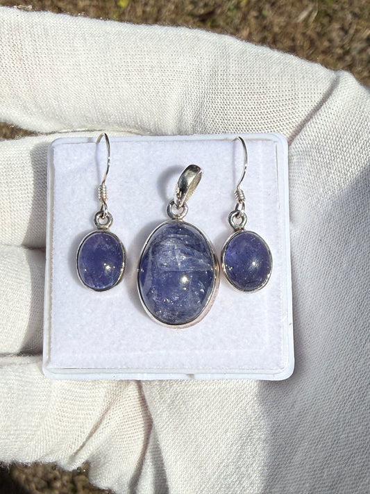 Natural Tanzanite Sterling Silver Jewelry Set | Large Cabochon Pendant & Dangle Earrings