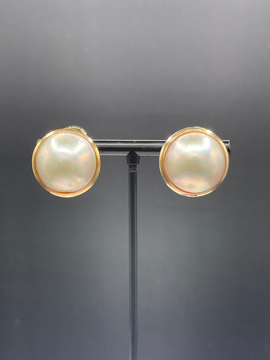 Natural Mabe Pearl 14k Yellow Gold Omega Back Earrings