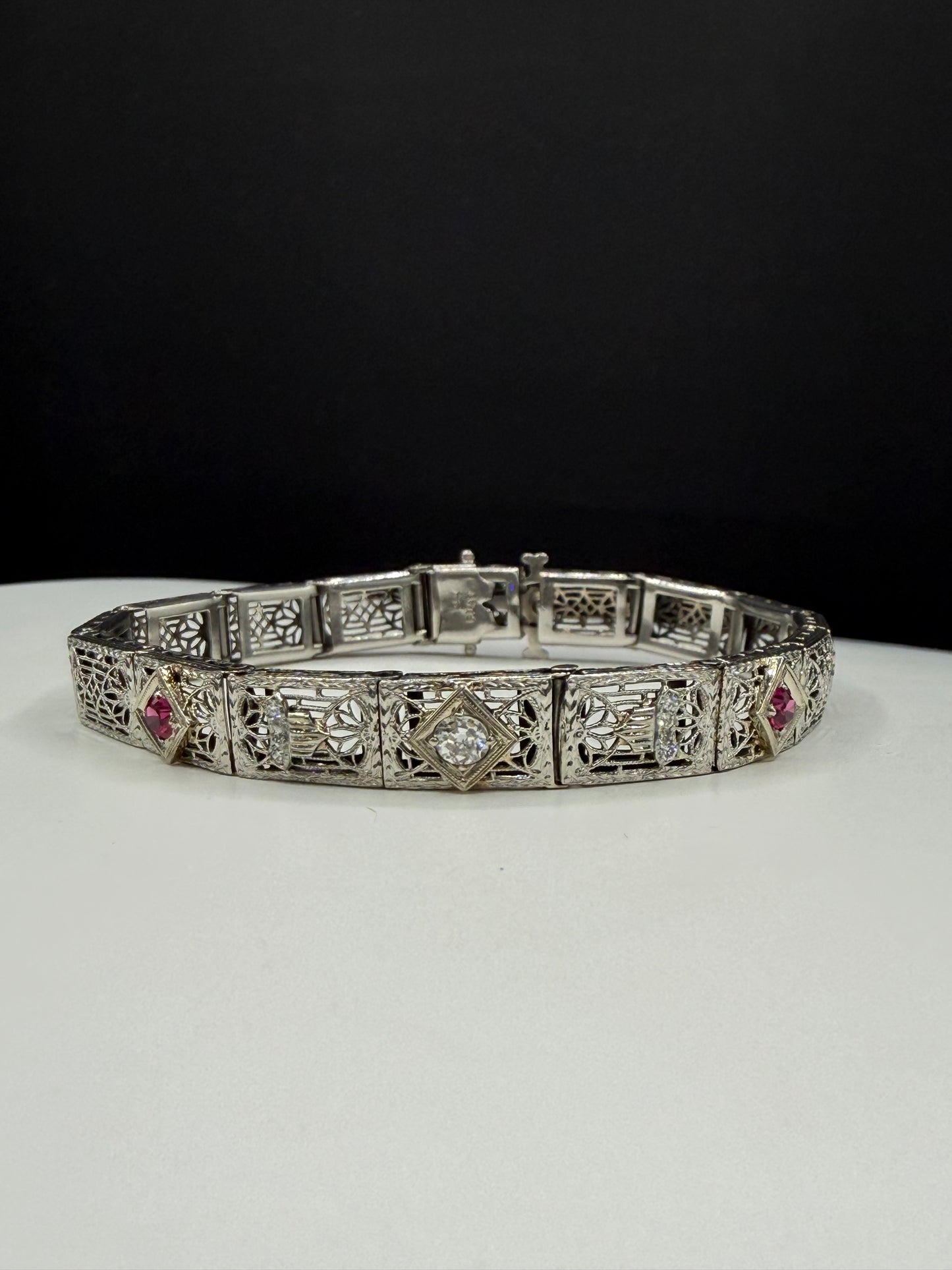 Art Deco Diamond & Ruby Filigree Bracelet | 14K White Gold + Platinum | Old European Cut | 7.25 Inches