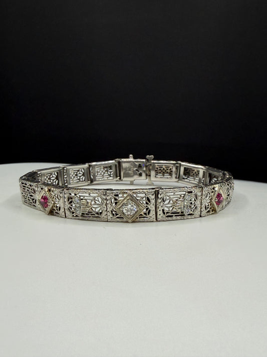 Art Deco Diamond & Ruby Filigree Bracelet | 14K White Gold + Platinum | Old European Cut | 7.25 Inches