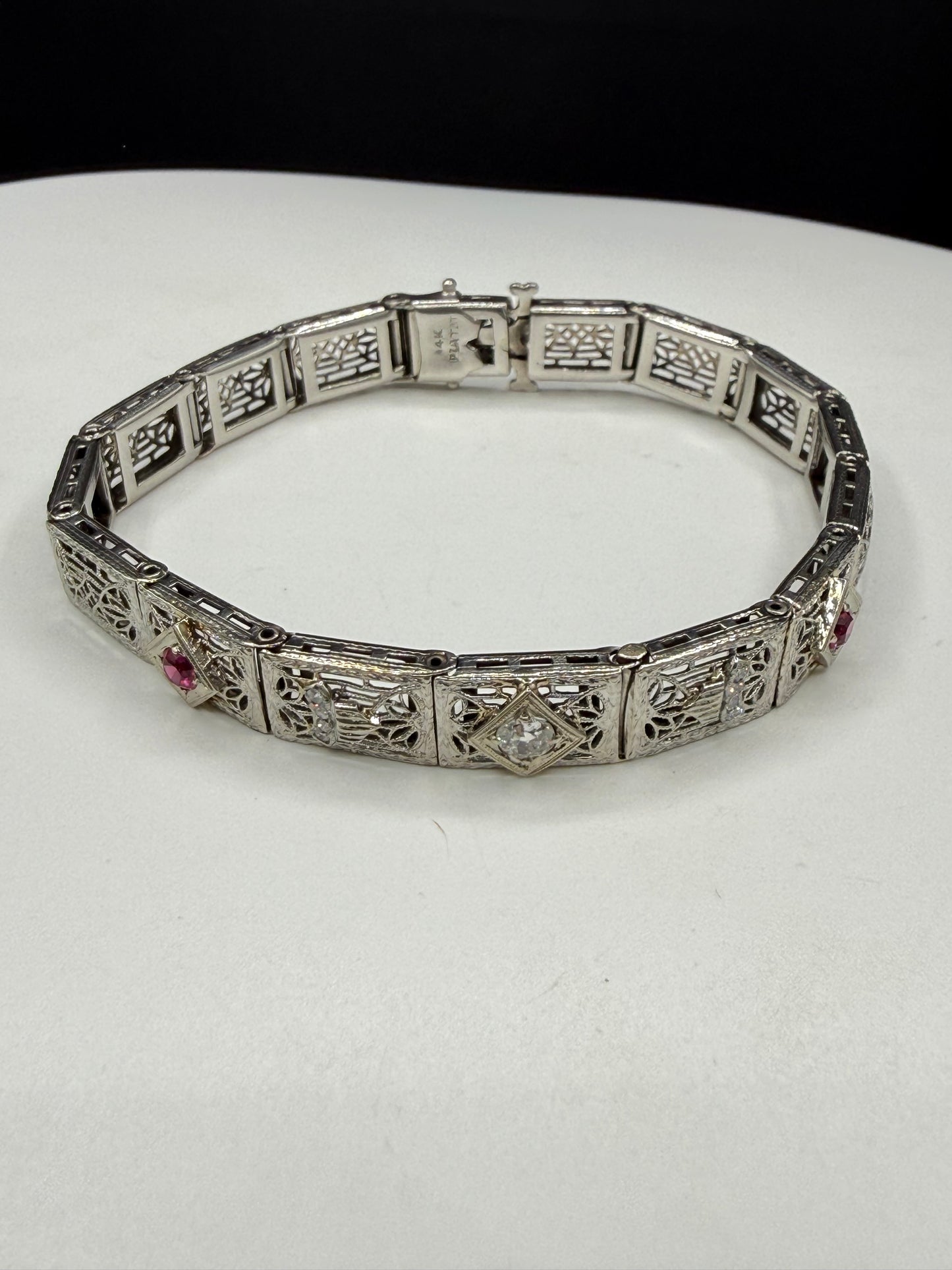 Art Deco Diamond & Ruby Filigree Bracelet | 14K White Gold + Platinum | Old European Cut | 7.25 Inches