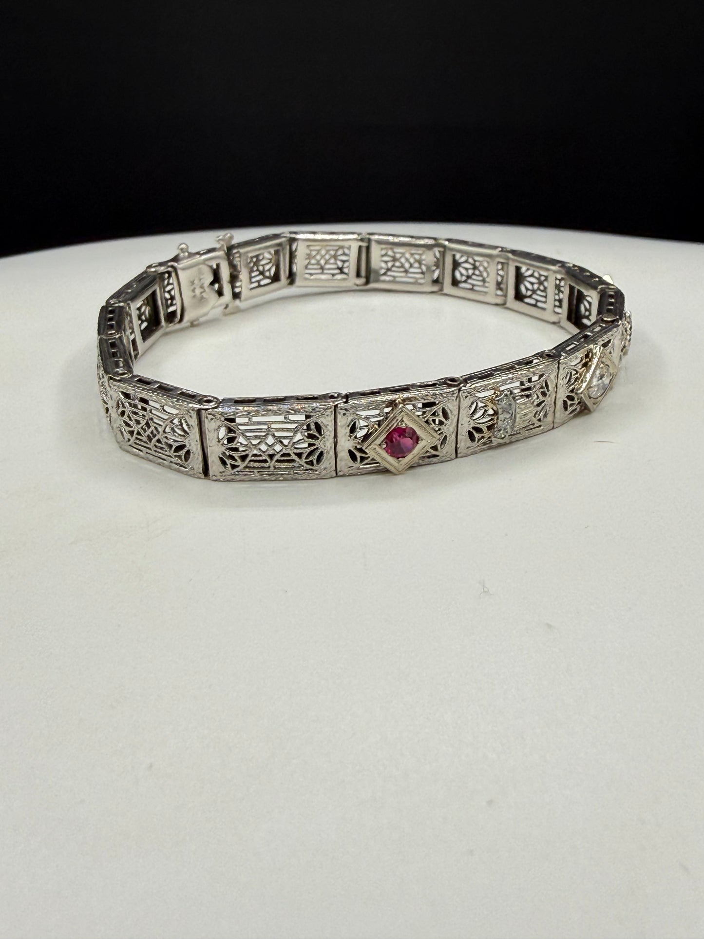 Art Deco Diamond & Ruby Filigree Bracelet | 14K White Gold + Platinum | Old European Cut | 7.25 Inches