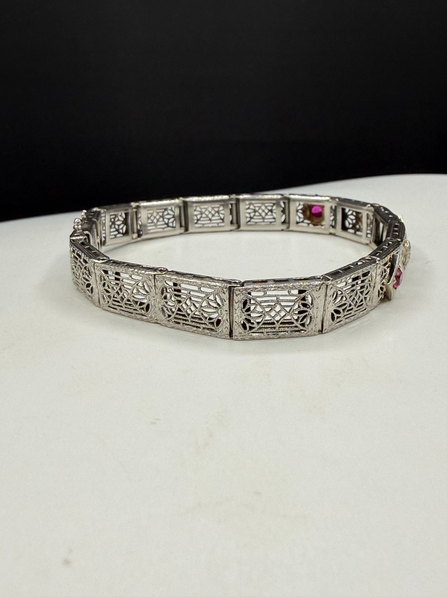 Art Deco Diamond & Ruby Filigree Bracelet | 14K White Gold + Platinum | Old European Cut | 7.25 Inches