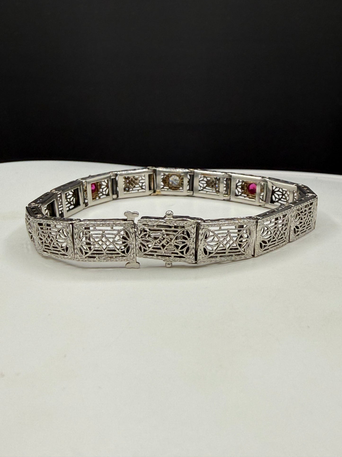 Art Deco Diamond & Ruby Filigree Bracelet | 14K White Gold + Platinum | Old European Cut | 7.25 Inches
