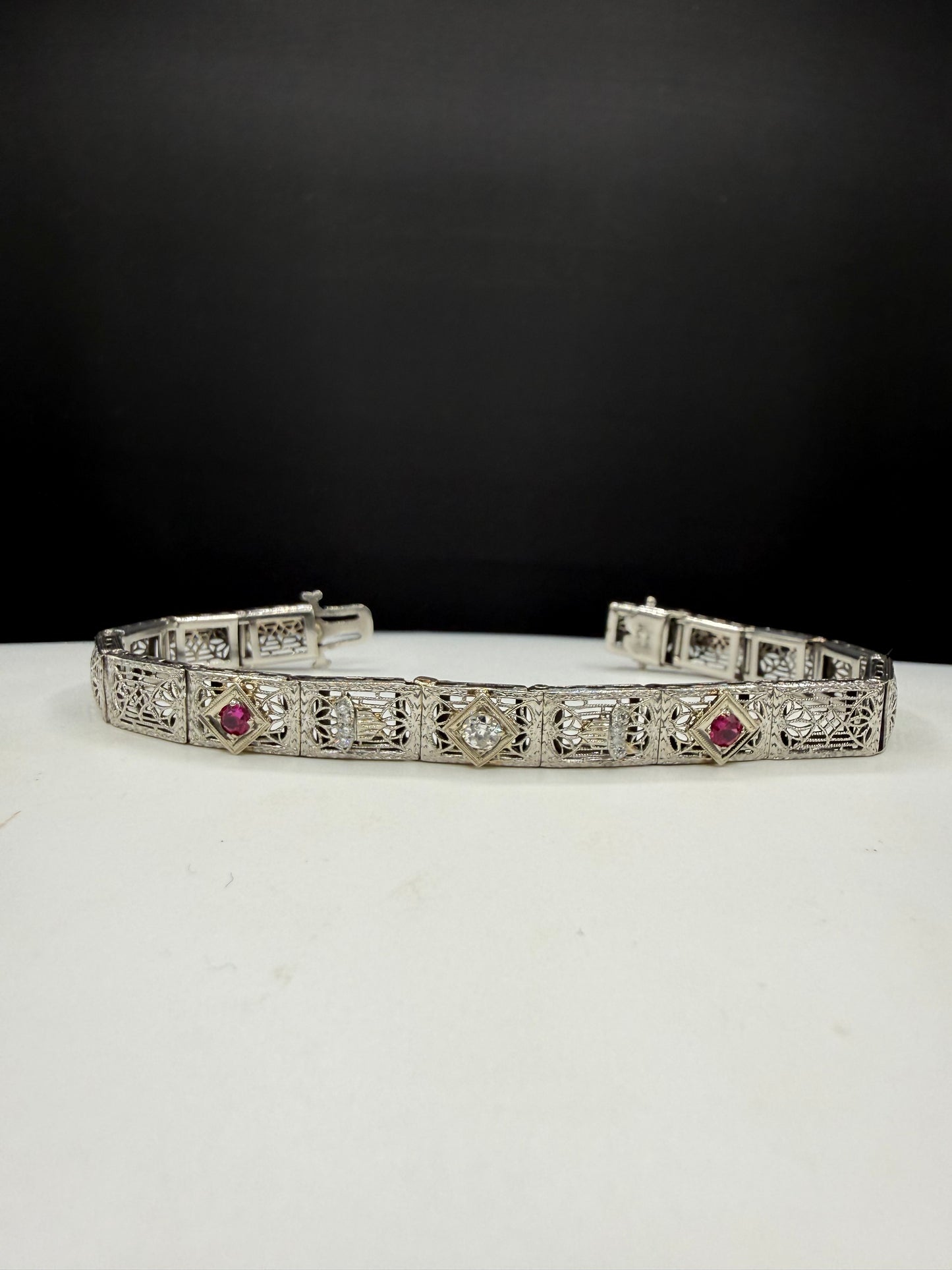Art Deco Diamond & Ruby Filigree Bracelet | 14K White Gold + Platinum | Old European Cut | 7.25 Inches