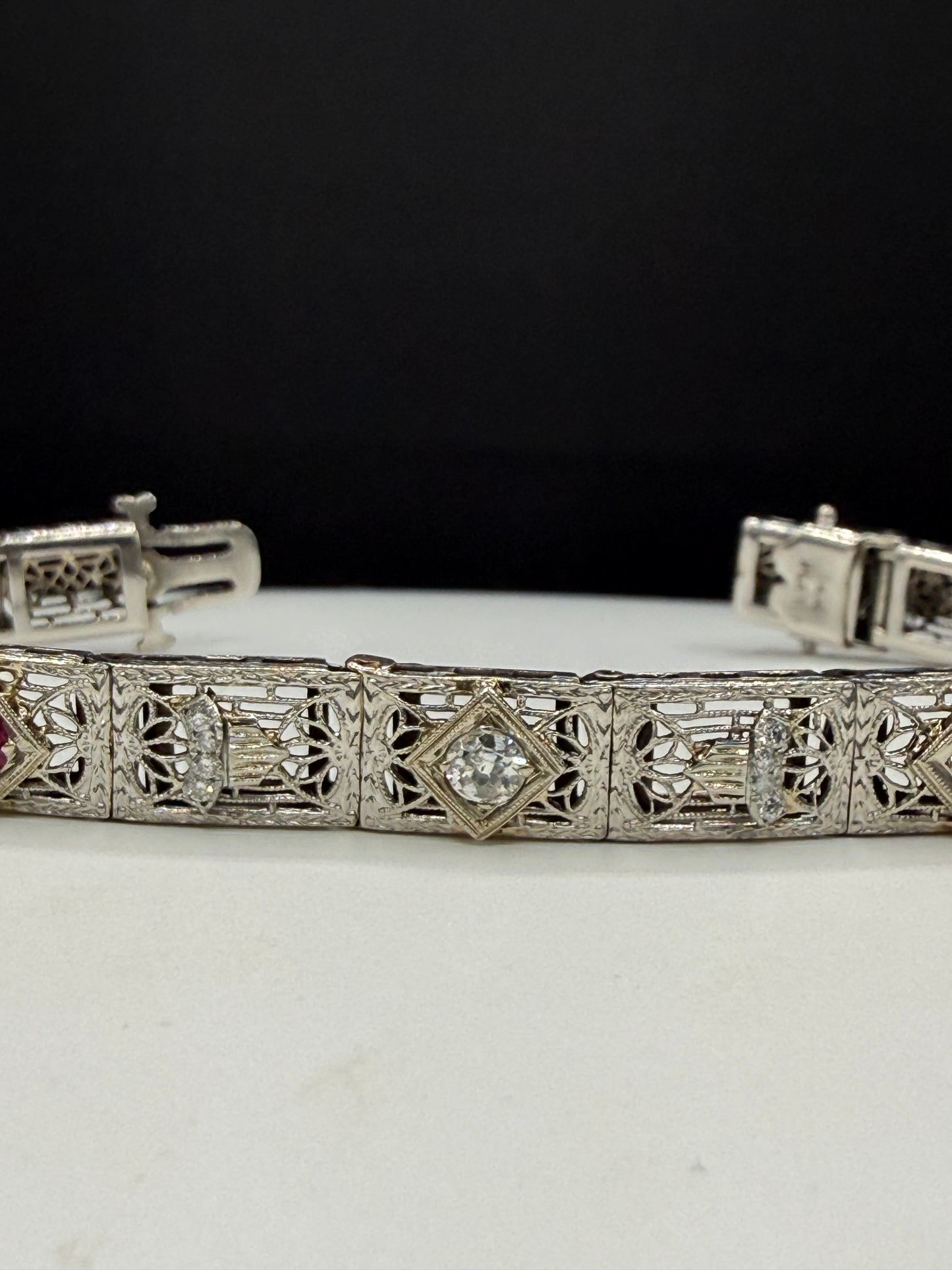 Art Deco Diamond & Ruby Filigree Bracelet | 14K White Gold + Platinum | Old European Cut | 7.25 Inches