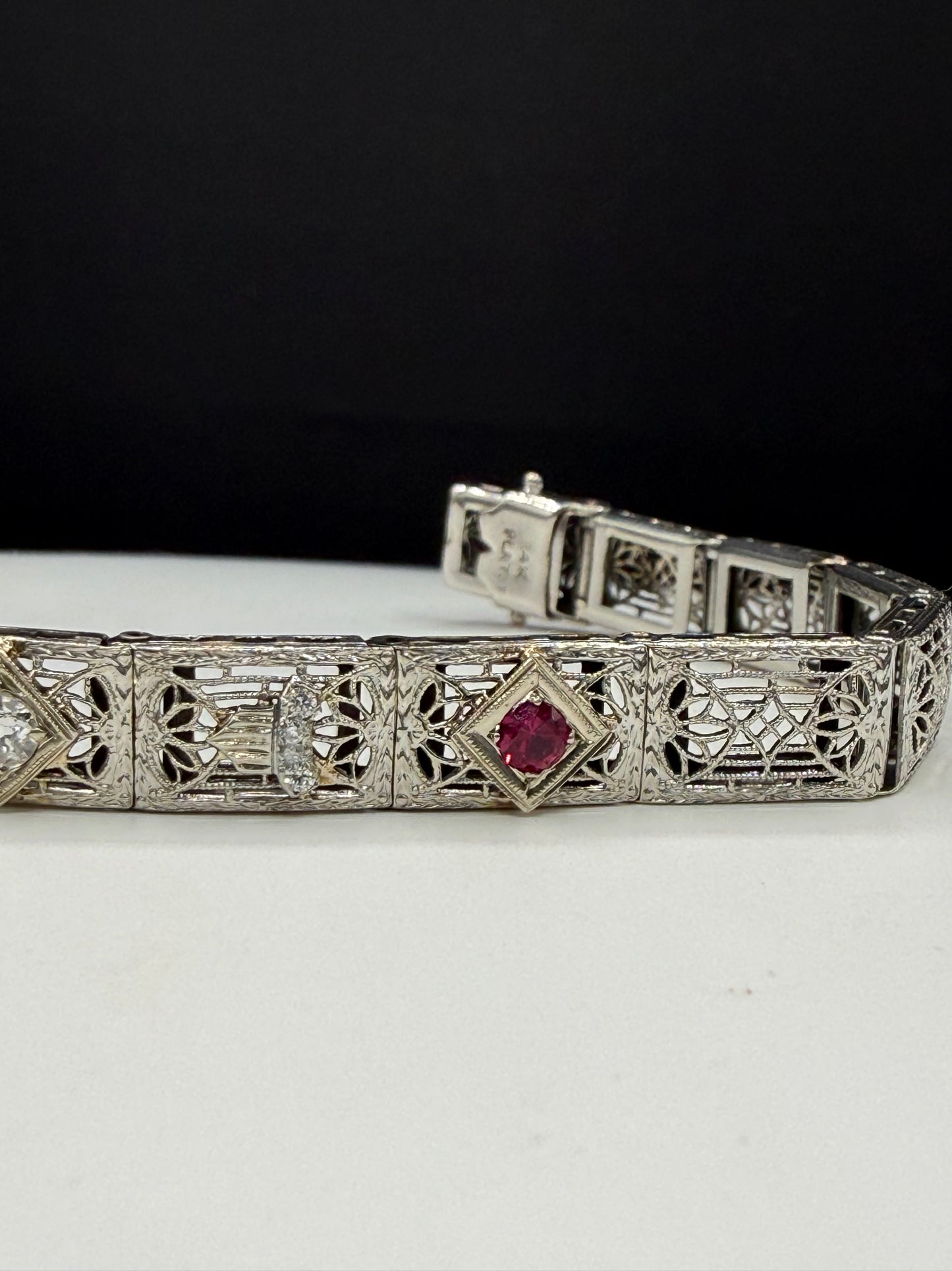 Art Deco Diamond & Ruby Filigree Bracelet | 14K White Gold + Platinum | Old European Cut | 7.25 Inches