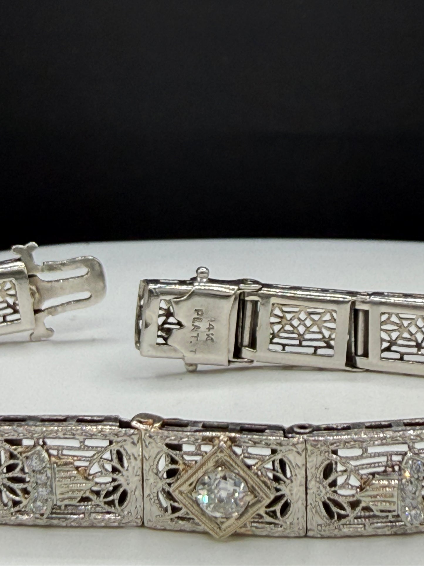 Art Deco Diamond & Ruby Filigree Bracelet | 14K White Gold + Platinum | Old European Cut | 7.25 Inches
