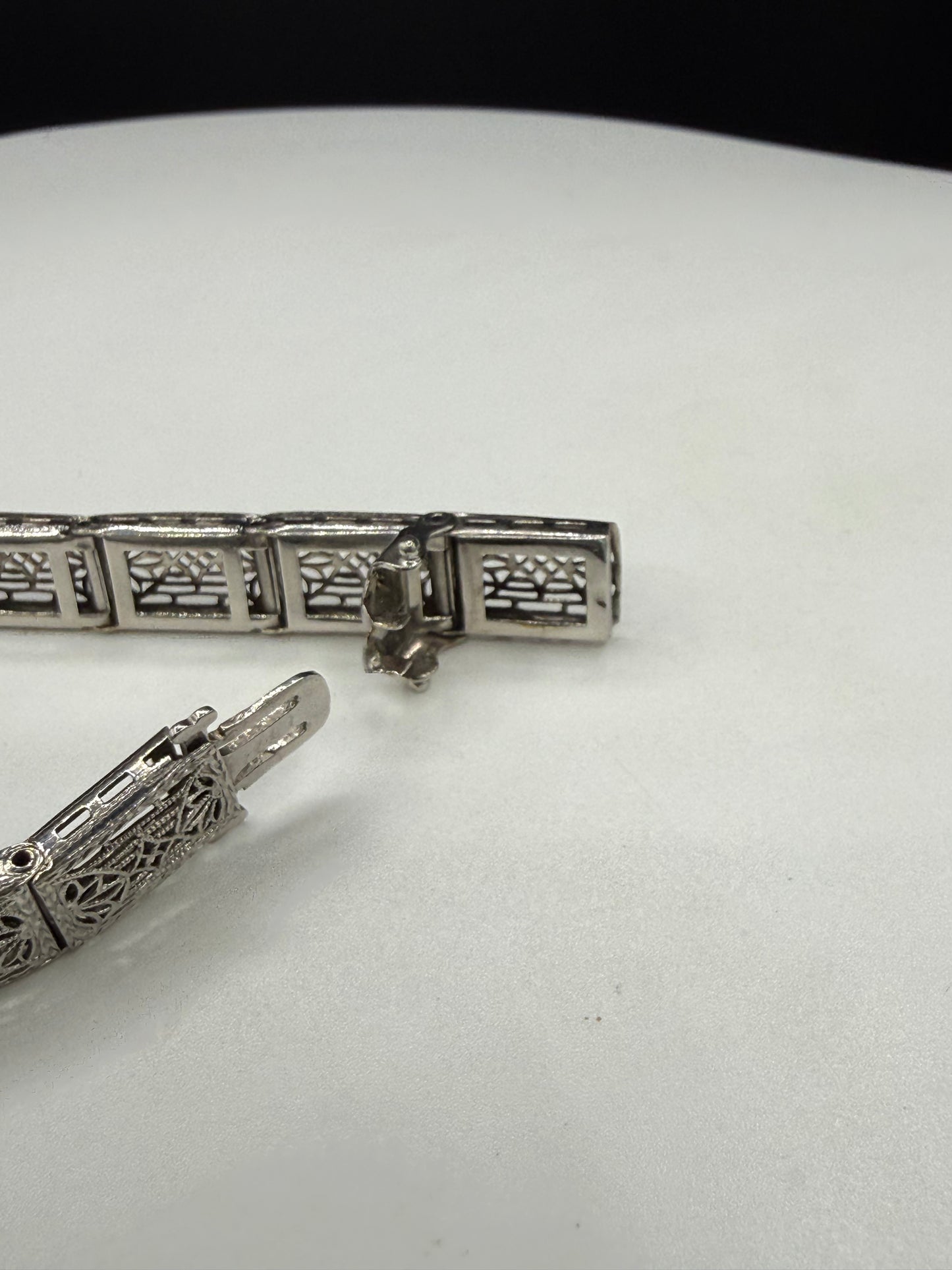 Art Deco Diamond & Ruby Filigree Bracelet | 14K White Gold + Platinum | Old European Cut | 7.25 Inches