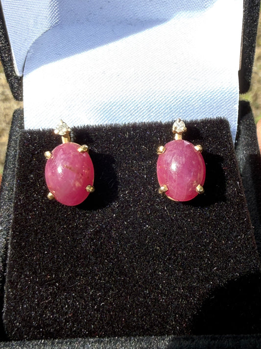 Natural Unheated Ruby Cabochon & Diamond 14K Yellow Gold Earrings – 7.00 CTW Ruby