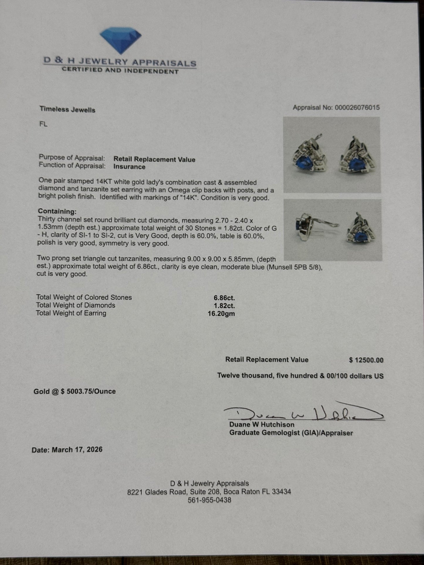 Natural Tanzanite & Diamond Omega Back 14K White Gold Earrings | 6.86ct Tanzanite | 1.82ct Diamonds