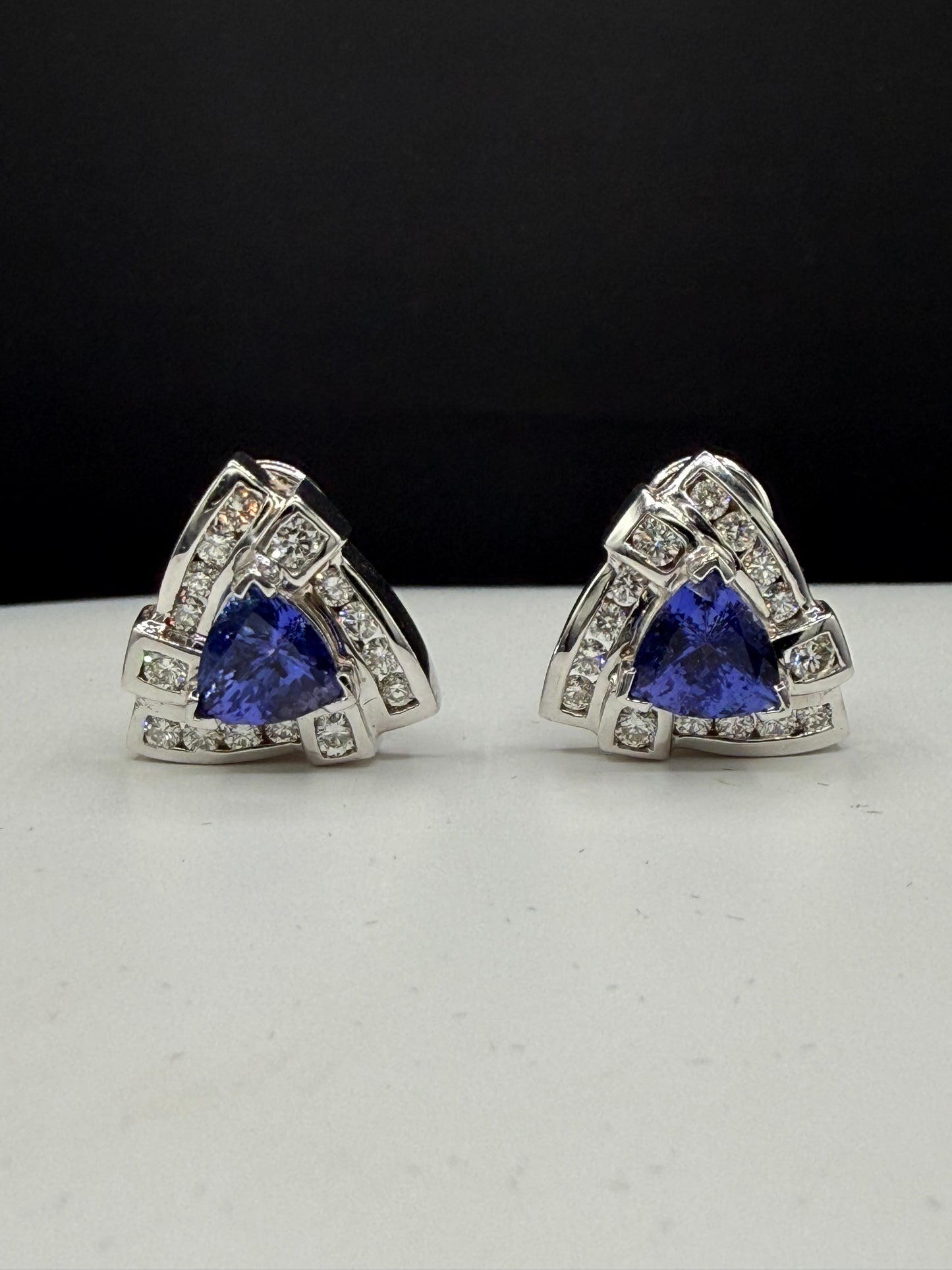 Natural Tanzanite & Diamond Omega Back 14K White Gold Earrings | 6.86ct Tanzanite | 1.82ct Diamonds