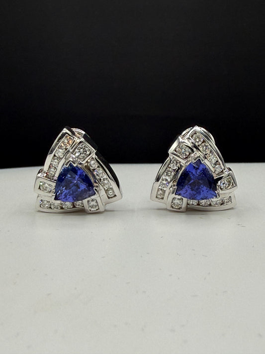 Natural Tanzanite & Diamond Omega Back 14K White Gold Earrings | 6.86ct Tanzanite | 1.82ct Diamonds