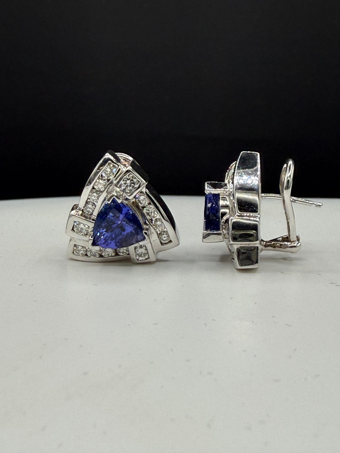 Natural Tanzanite & Diamond Omega Back 14K White Gold Earrings | 6.86ct Tanzanite | 1.82ct Diamonds