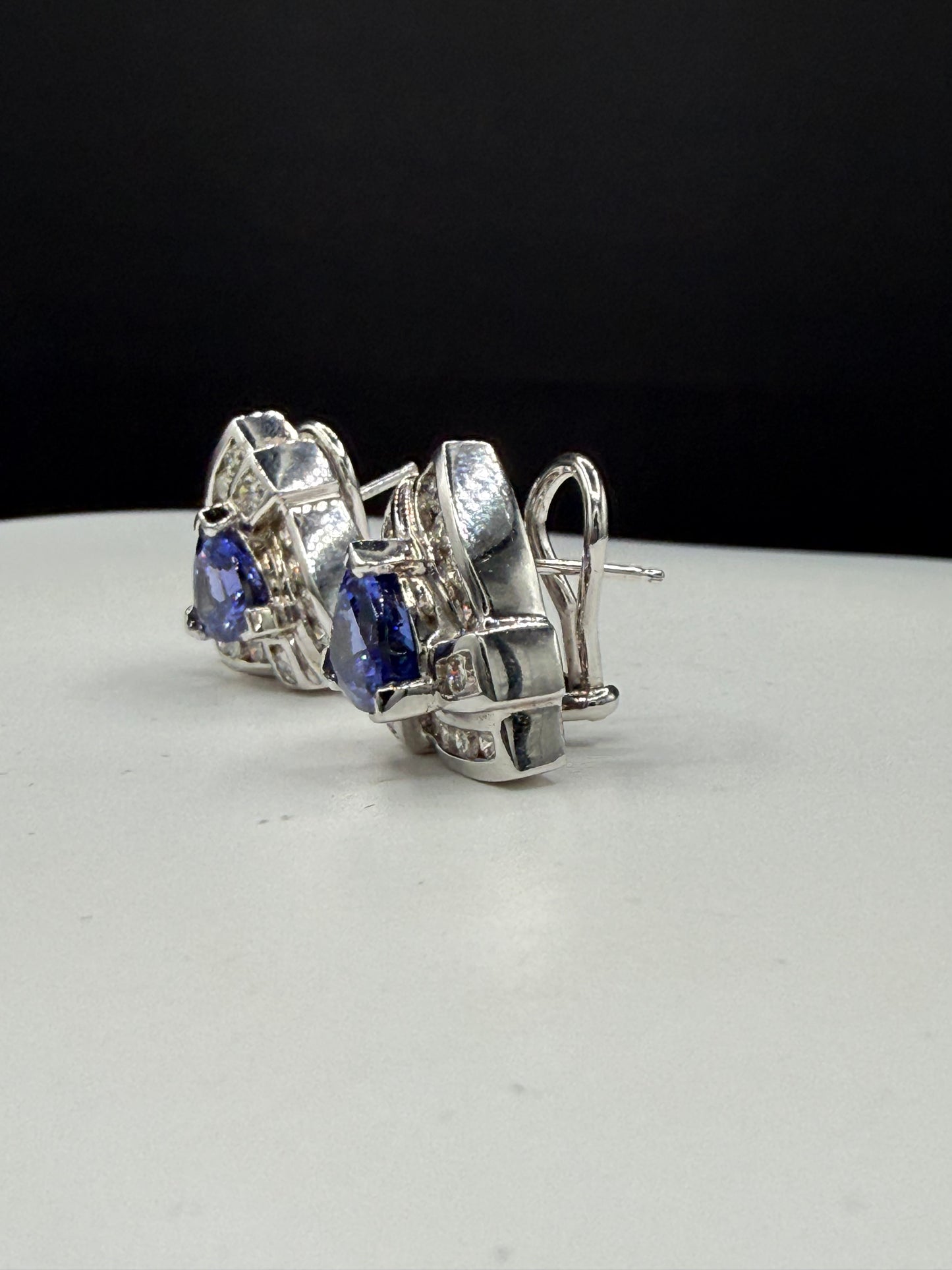 Natural Tanzanite & Diamond Omega Back 14K White Gold Earrings | 6.86ct Tanzanite | 1.82ct Diamonds