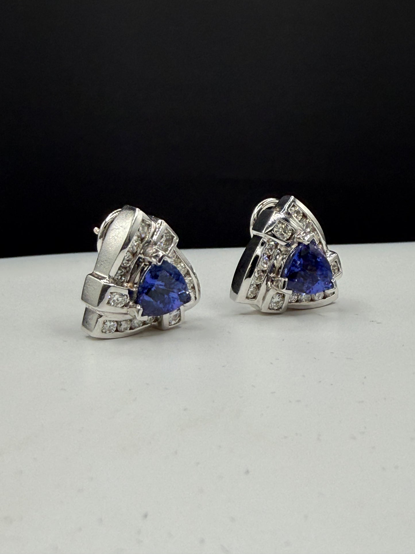 Natural Tanzanite & Diamond Omega Back 14K White Gold Earrings | 6.86ct Tanzanite | 1.82ct Diamonds