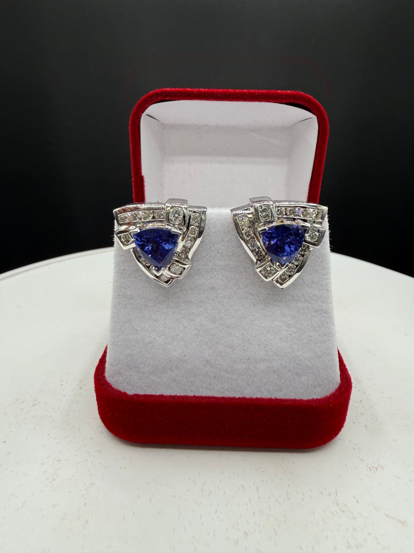 Natural Tanzanite & Diamond Omega Back 14K White Gold Earrings | 6.86ct Tanzanite | 1.82ct Diamonds