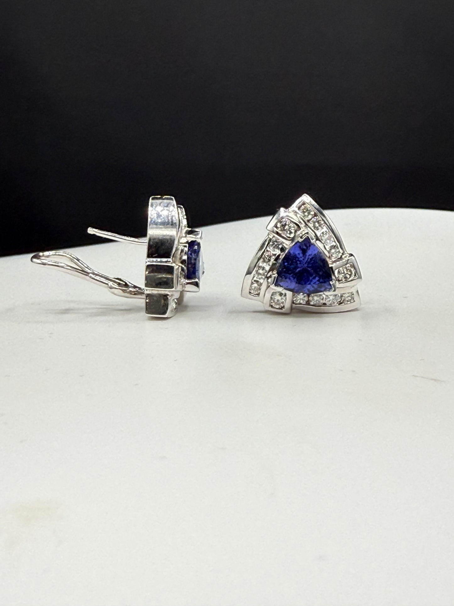 Natural Tanzanite & Diamond Omega Back 14K White Gold Earrings | 6.86ct Tanzanite | 1.82ct Diamonds