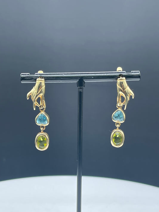 Solid 14k Yellow Gold Hand Blue Topaz & Peridot Dangle Earrings