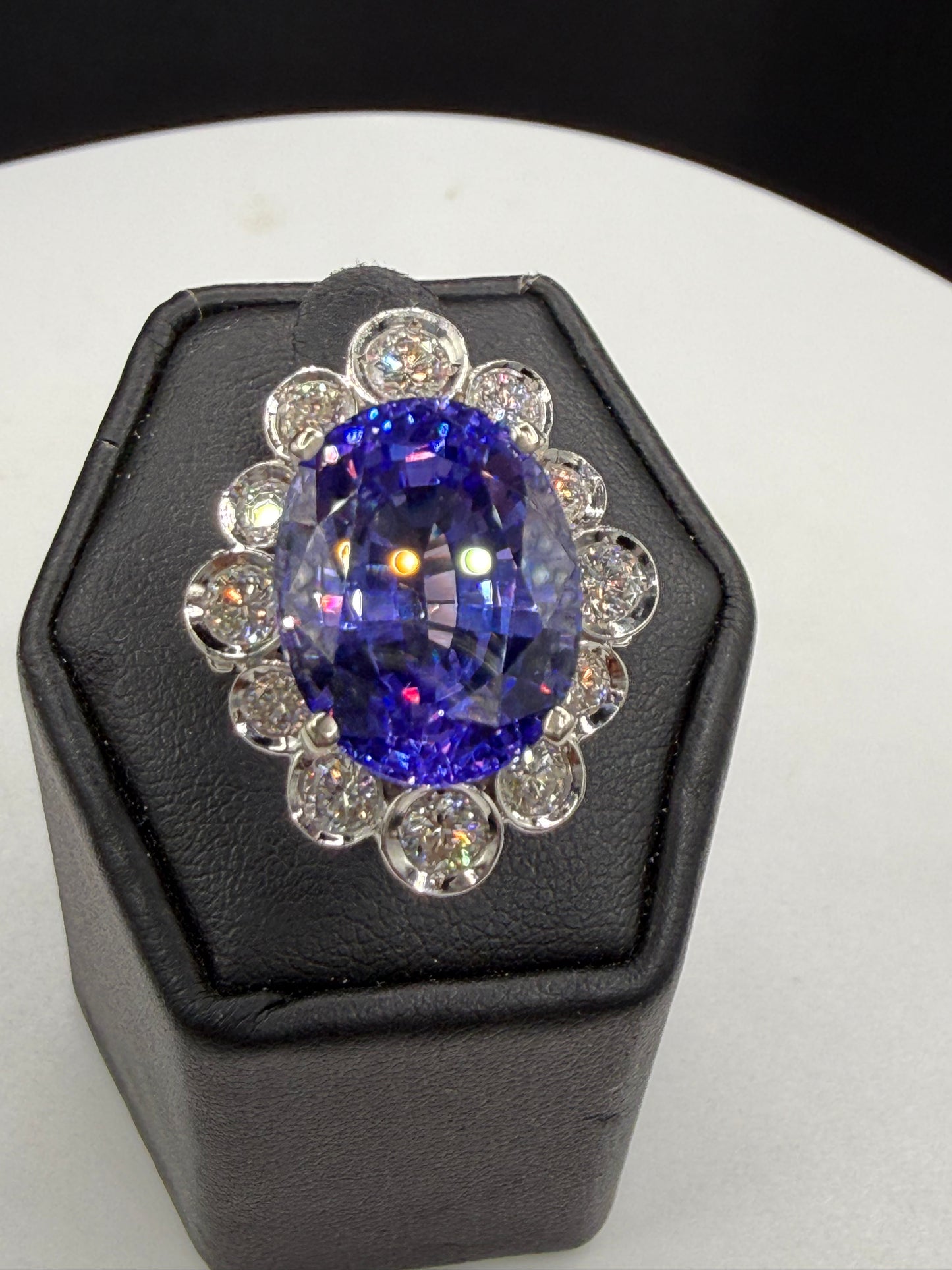 14.00 CTW Natural Tanzanite & Diamond Halo 14K White Gold Ring | Size 6.25