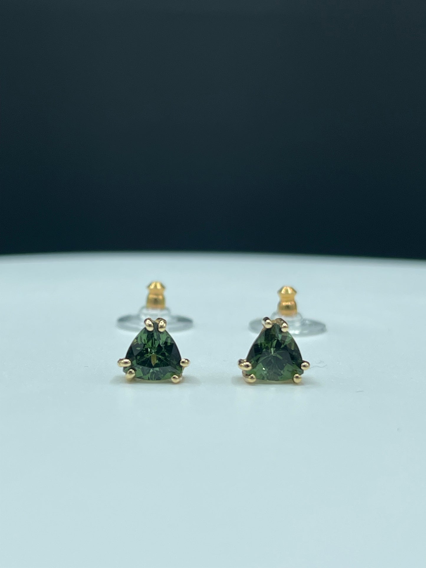 2.65 Carat Green Tourmaline Trillion Cut 14k Yellow Gold Stud Earrings