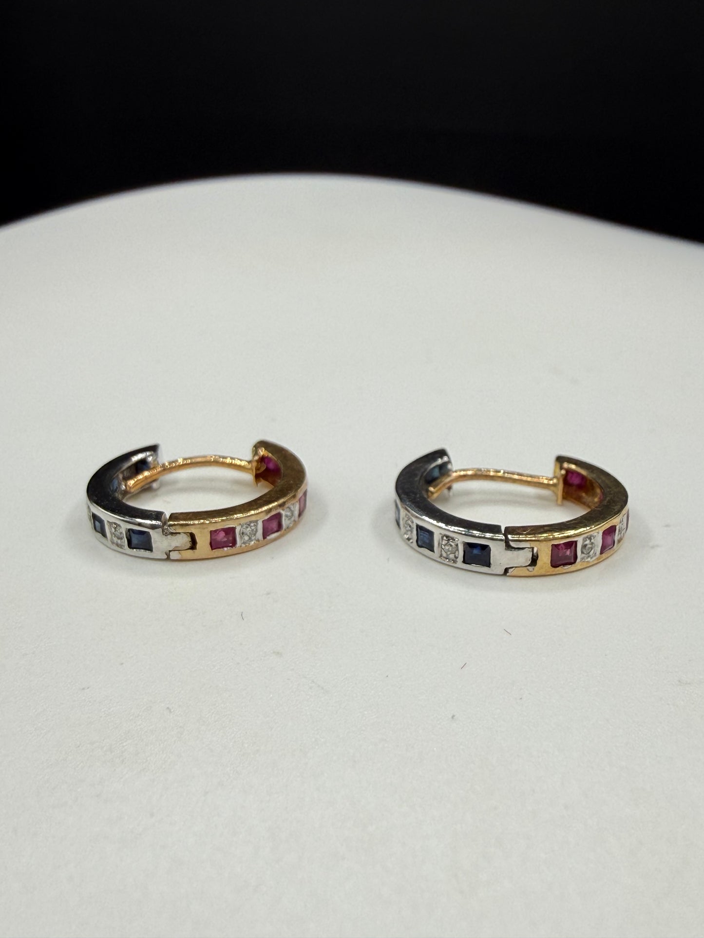 Natural Ruby Sapphire & Diamond 14k Yellow + White Gold Huggie Hoop Earrings