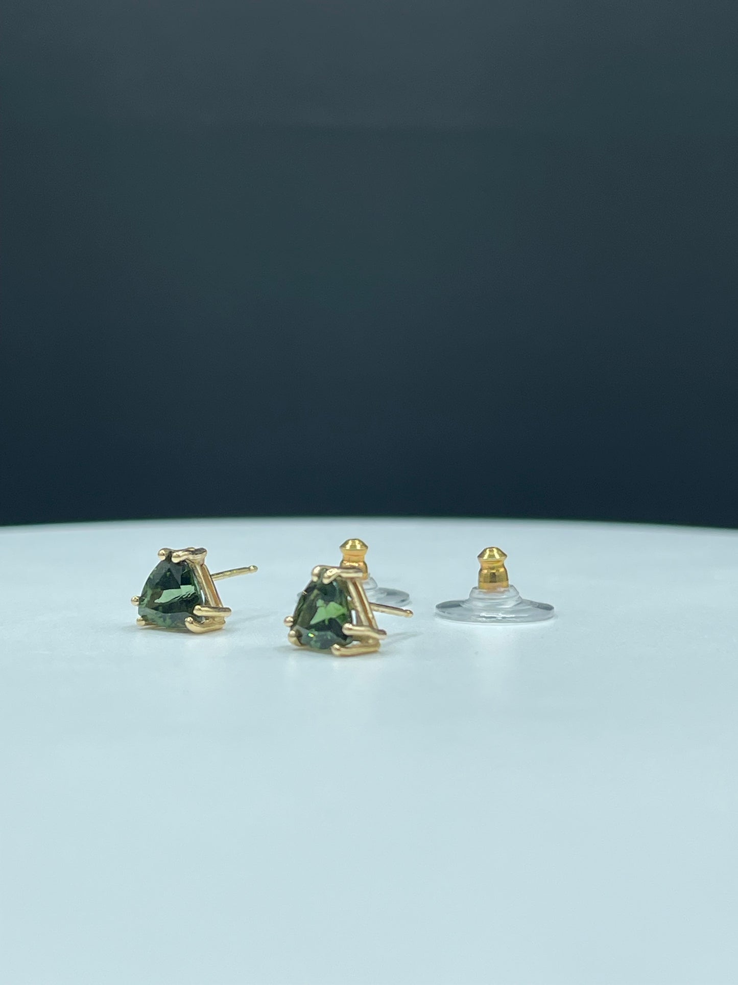 2.65 Carat Green Tourmaline Trillion Cut 14k Yellow Gold Stud Earrings