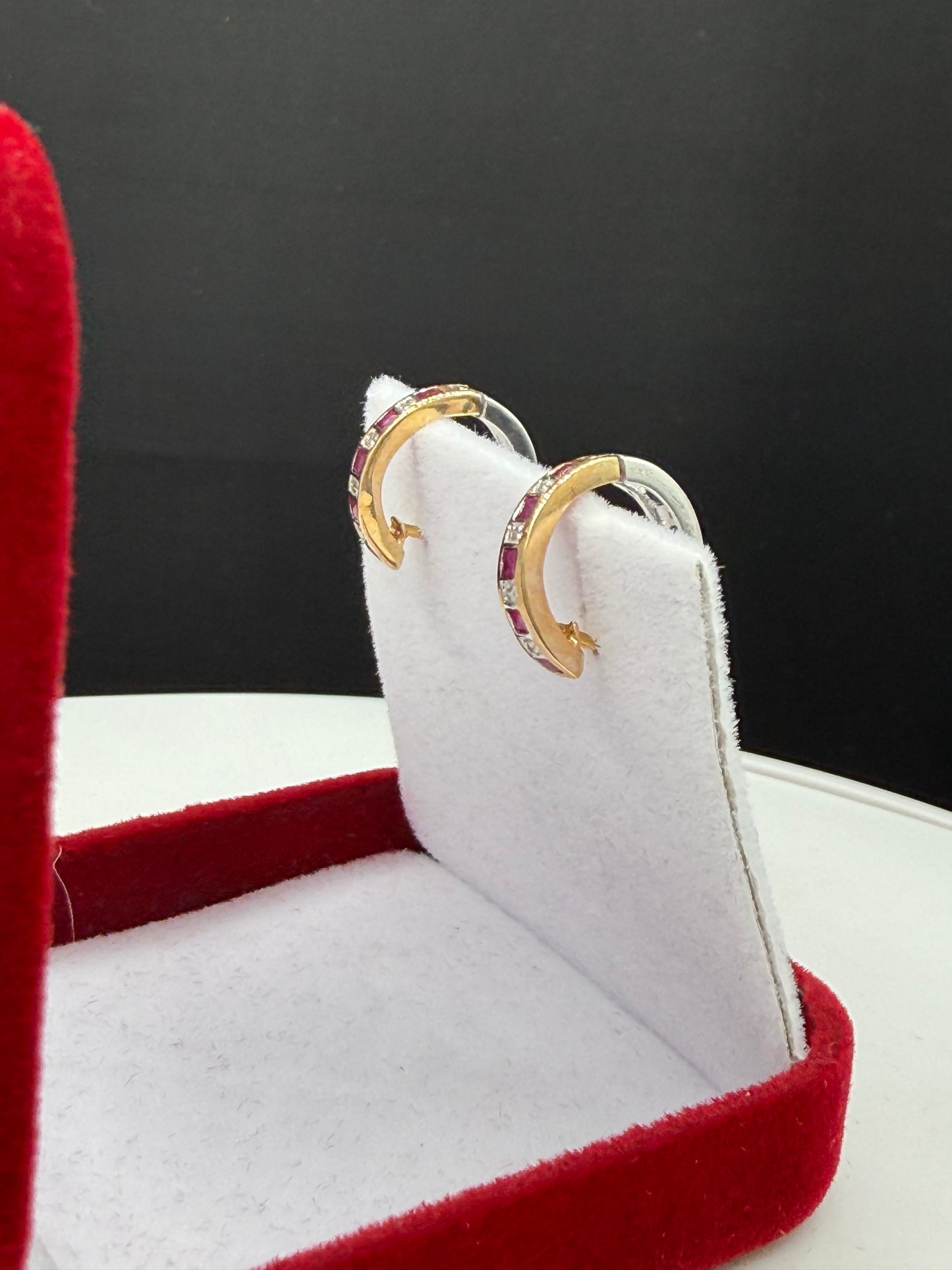 Natural Ruby Sapphire & Diamond 14k Yellow + White Gold Huggie Hoop Earrings