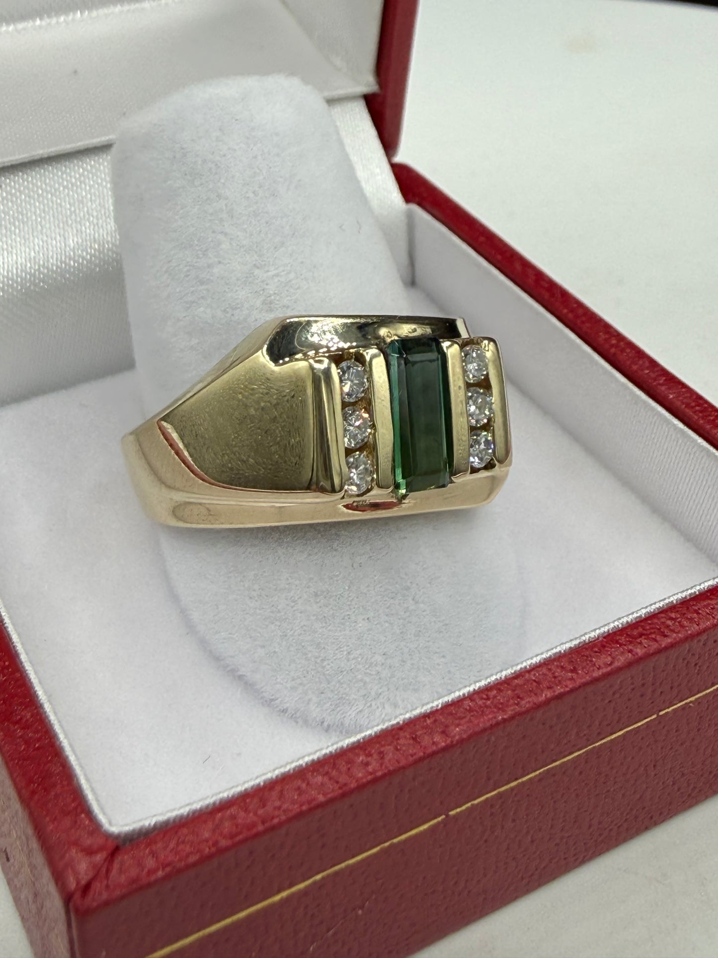 Vintage Natural Green Tourmaline & Diamond 14k Yellow Gold Ring (Size 9.5)