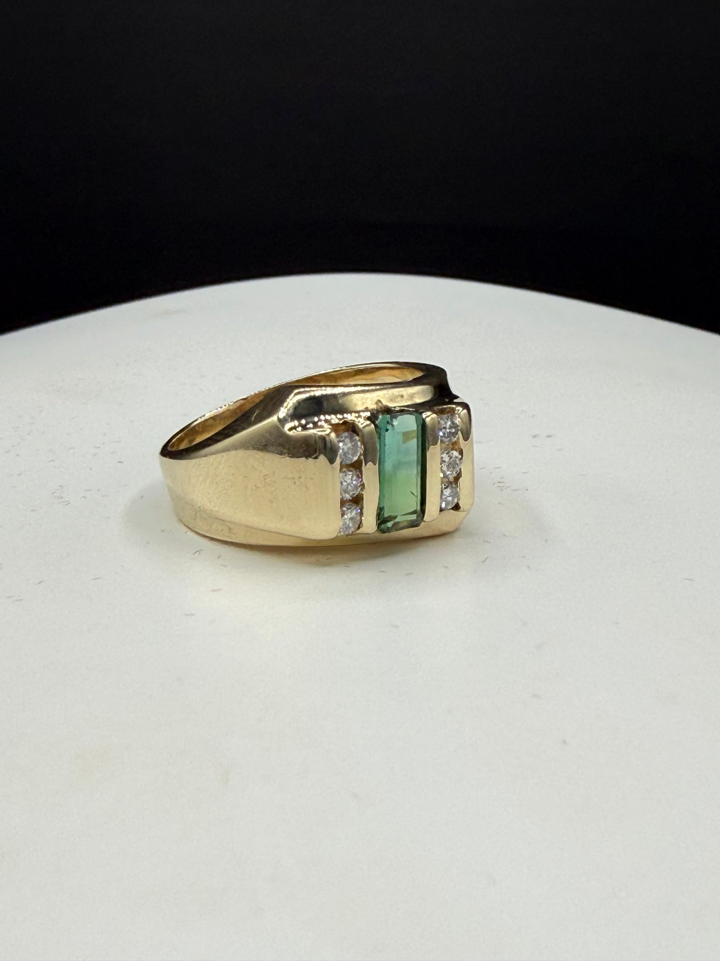 Vintage Natural Green Tourmaline & Diamond 14k Yellow Gold Ring (Size 9.5)