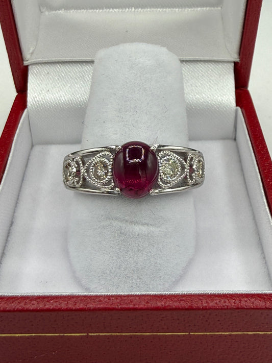 Natural Rubellite Tourmaline Cabochon & Diamond 900 Platinum Ring | Size 8.25 | 1.38 Ct Tourmaline | 0.43 Ct Diamond