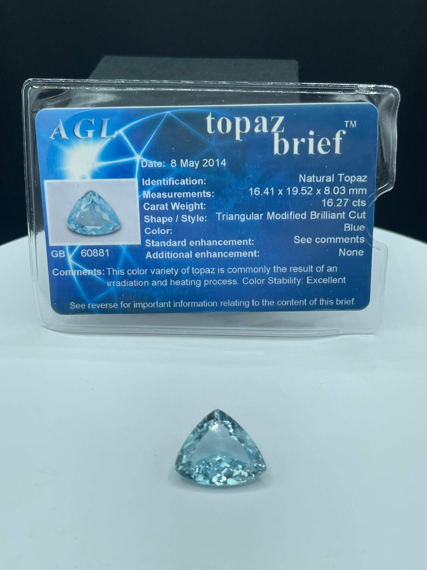AGL Certified Paraiba Color Natural Blue Topaz Trillion Cut Loose Gemstone (16.14 x 19.52 x 8.03 MM