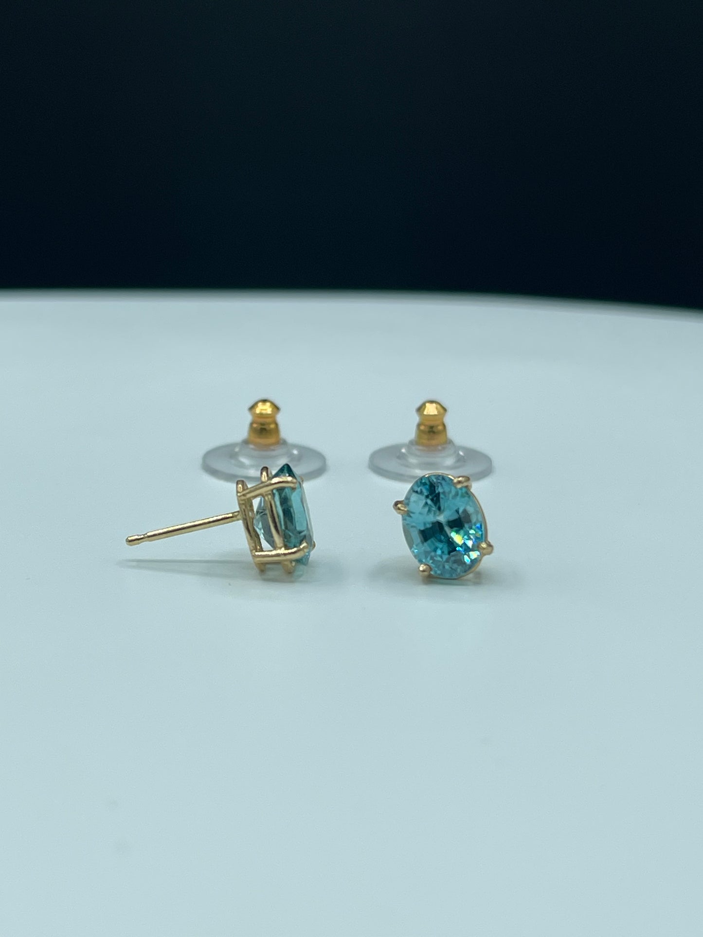Natural Blue Zircon 14k Yellow Gold Stud Earrings