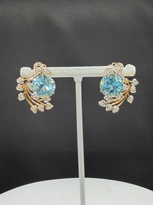 15.90 CTW Swiss Blue Topaz & Diamond 18K Yellow Gold Screw Back Earrings