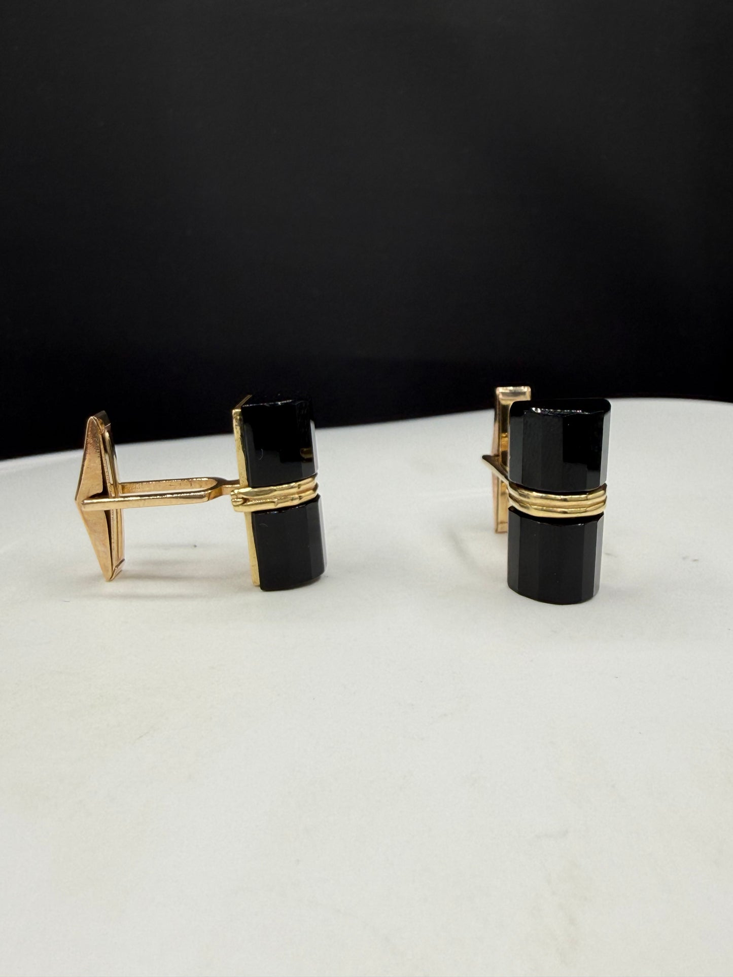 Vintage 14K Gold & Bar-Cut Black Onyx Custom Cufflinks | 10.3g