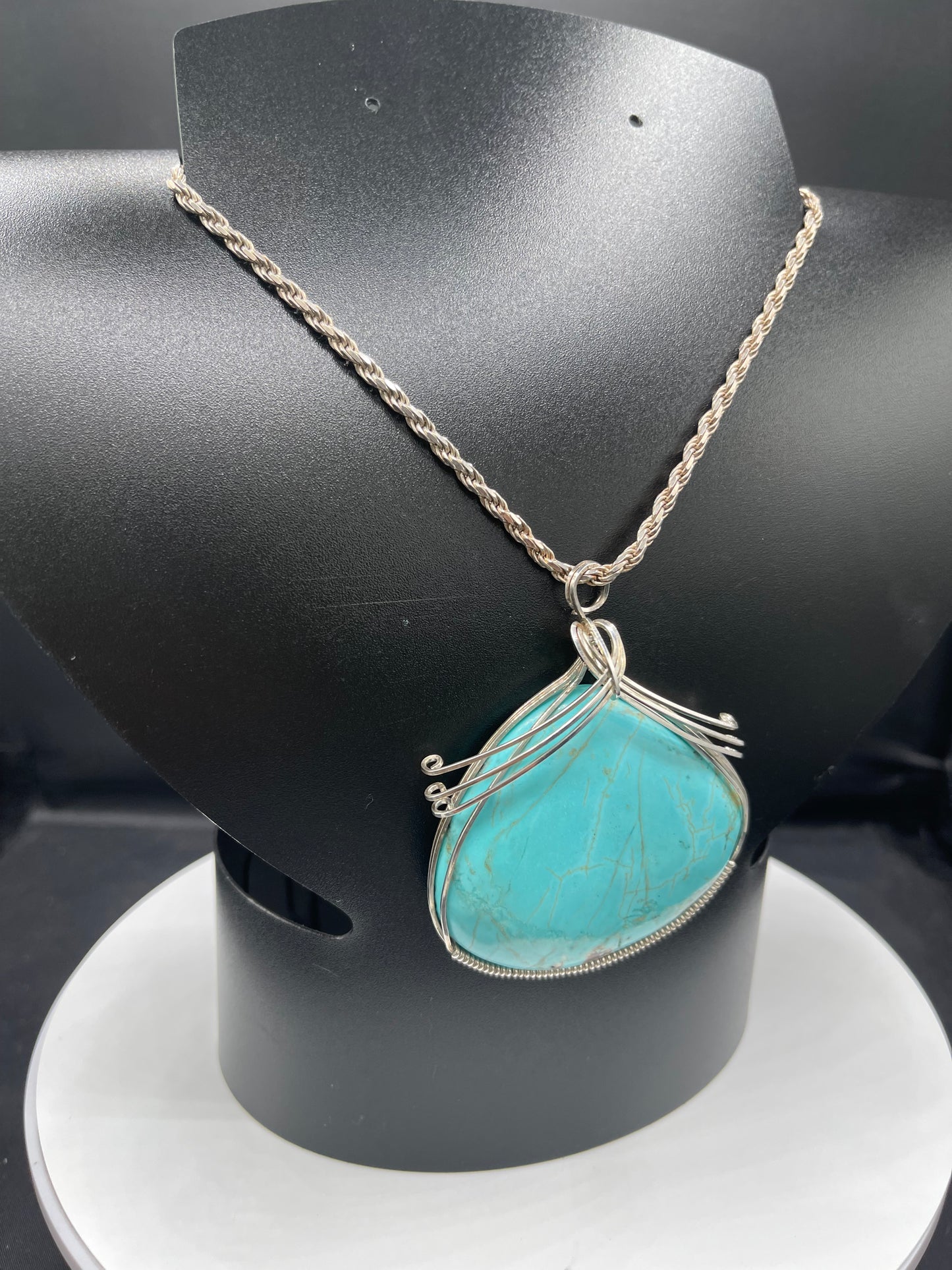 200 Carat Turquoise Sterling Silver Wire Wrapped Pendant & Necklace