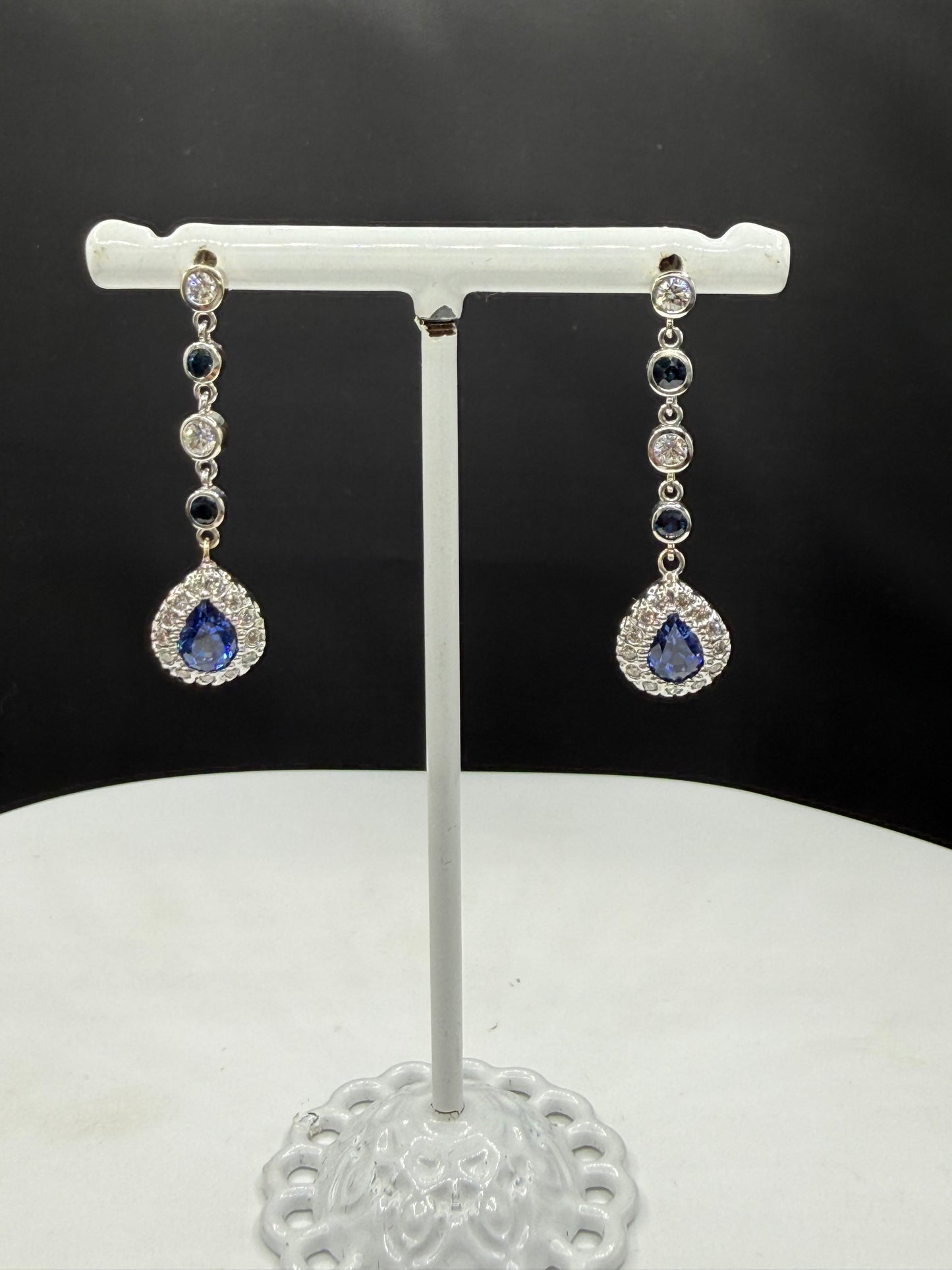 Natural Blue Sapphire & Diamond Dangle Earrings | 14K White Gold | 2.97ctw