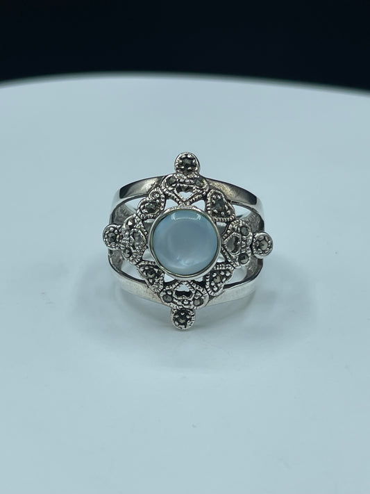 Natural Mother Of Pearl & Marcasite Sterling Silver Ring (Size 9)