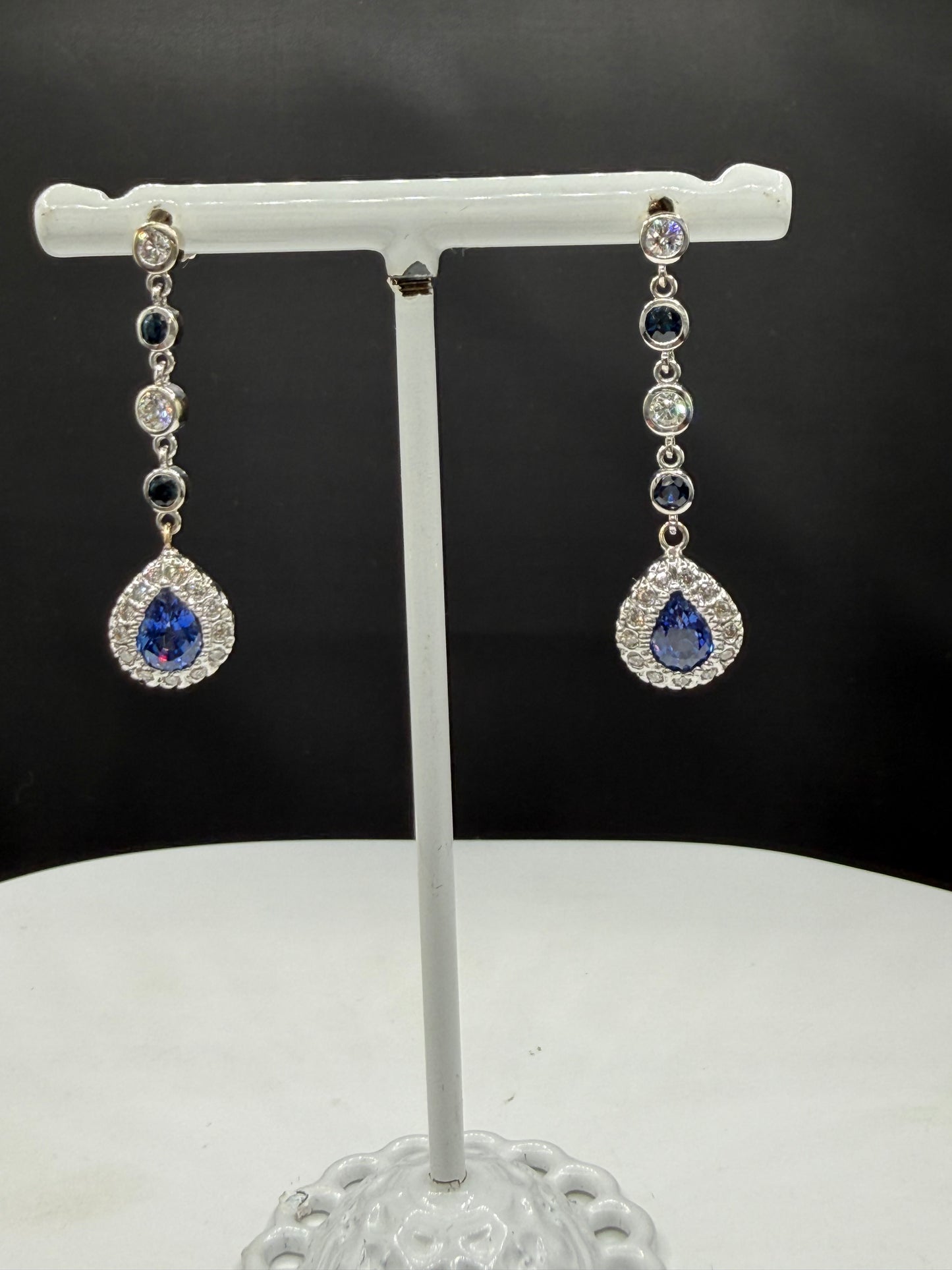 Natural Blue Sapphire & Diamond Dangle Earrings | 14K White Gold | 2.97ctw