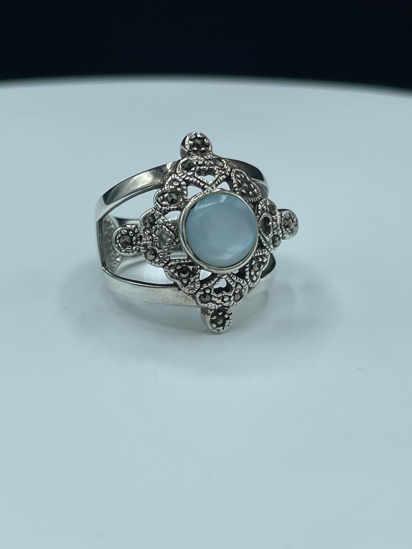 Natural Mother Of Pearl & Marcasite Sterling Silver Ring (Size 9)
