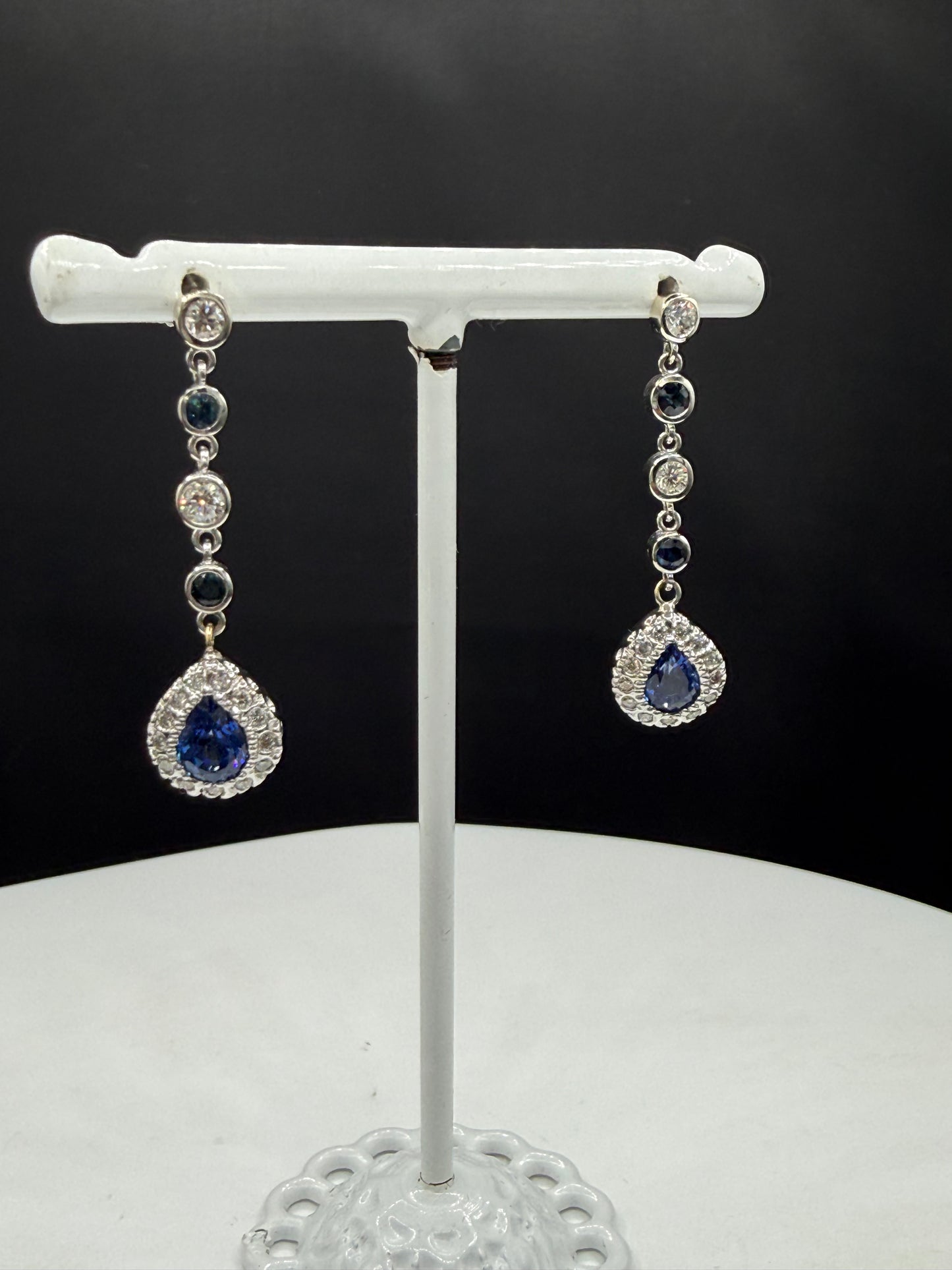 Natural Blue Sapphire & Diamond Dangle Earrings | 14K White Gold | 2.97ctw