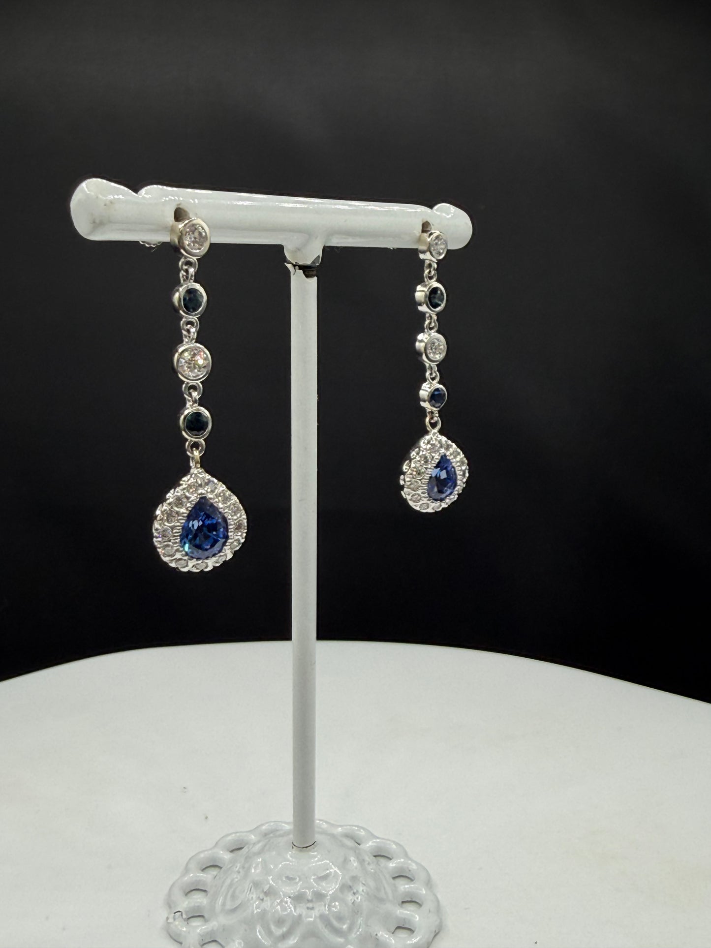 Natural Blue Sapphire & Diamond Dangle Earrings | 14K White Gold | 2.97ctw