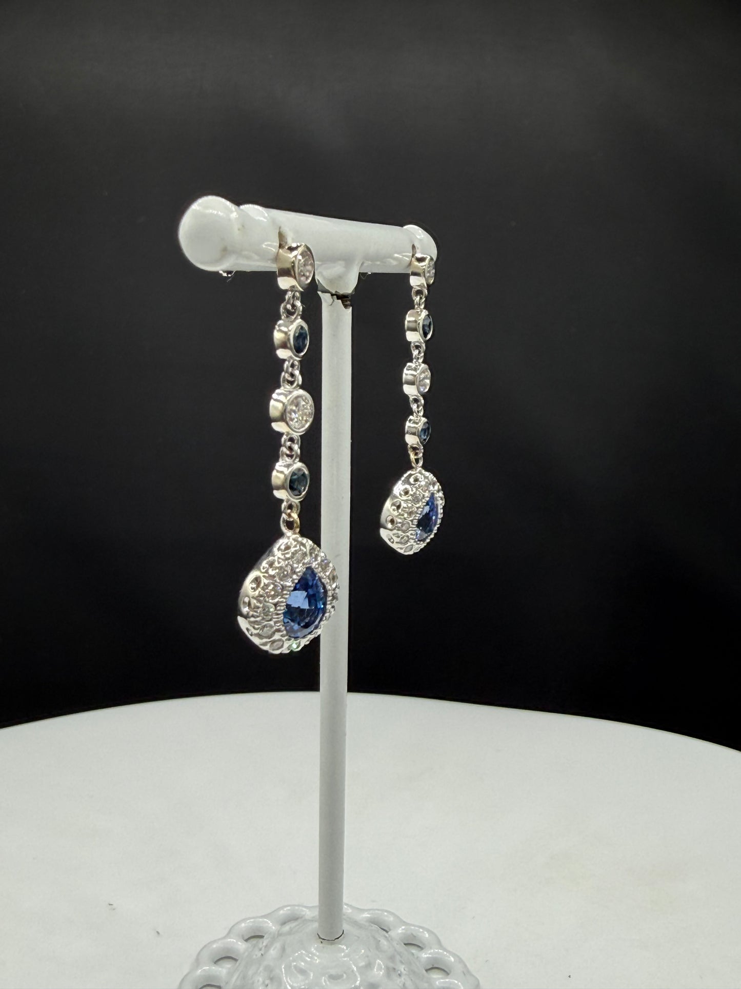 Natural Blue Sapphire & Diamond Dangle Earrings | 14K White Gold | 2.97ctw
