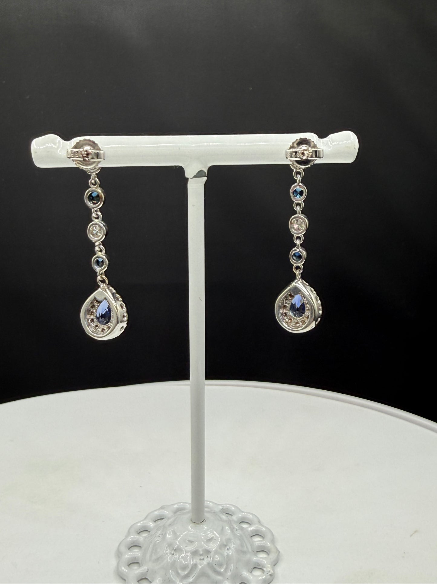 Natural Blue Sapphire & Diamond Dangle Earrings | 14K White Gold | 2.97ctw