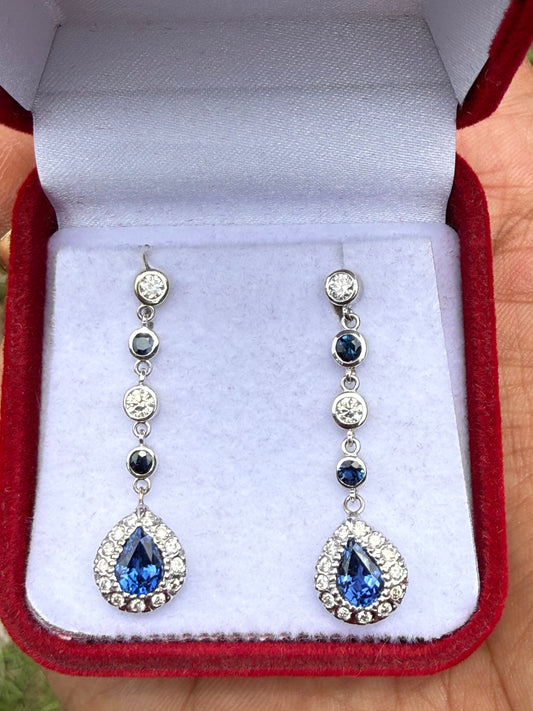 Natural Blue Sapphire & Diamond Dangle Earrings | 14K White Gold | 2.97ctw