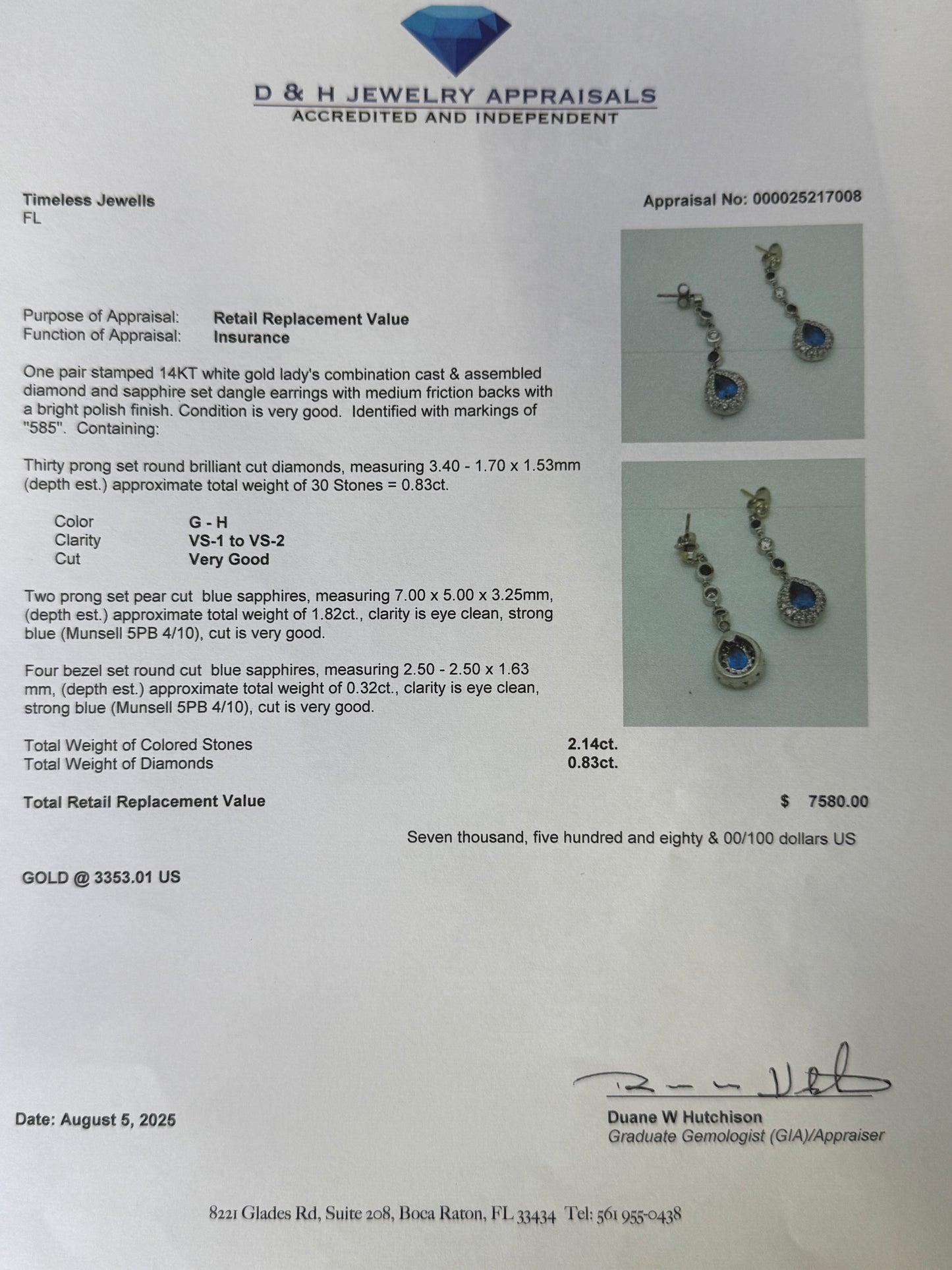 Natural Blue Sapphire & Diamond Dangle Earrings | 14K White Gold | 2.97ctw